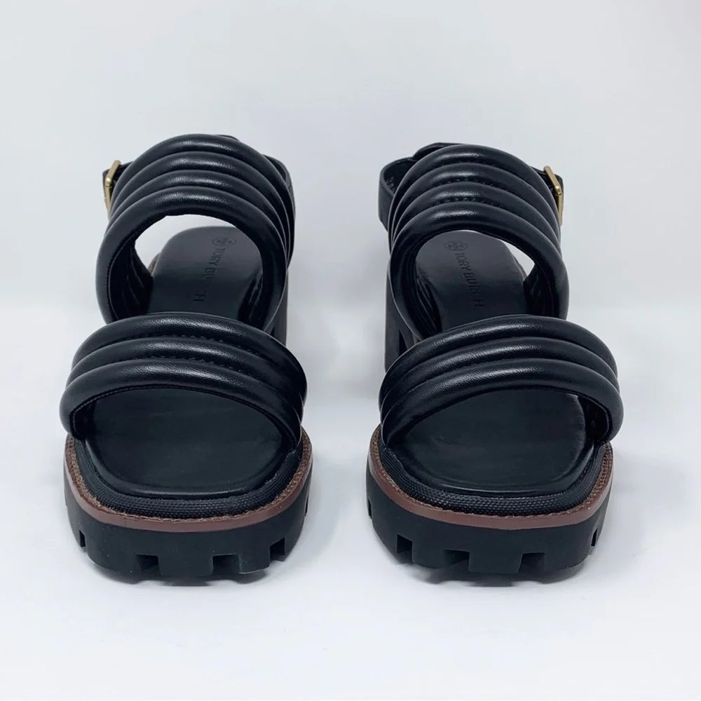 NEW Tory Burch Lug Sole Heeled Sandals (Sz 9) Quilted Leather Slingback Black - Picture 4 of 13